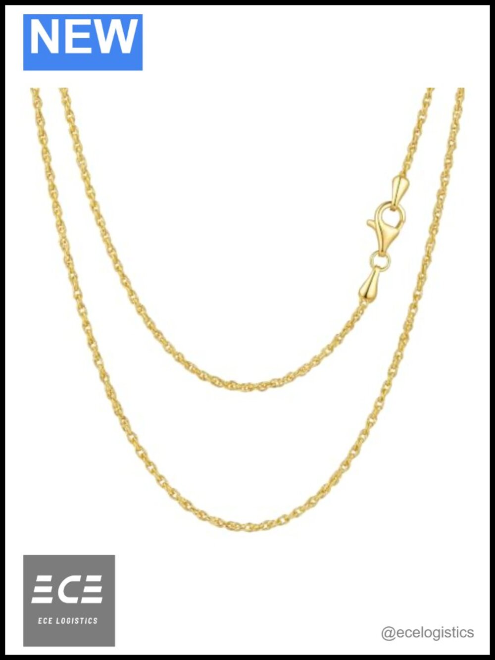 14K Gold Plated Rope Chain Necklace 2mm Lobster Clasp 26 Inch